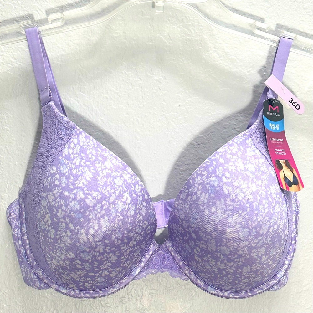 NWT~Maidenform Lavender Floral Push-up Convertible to Halter Bra, size 36D